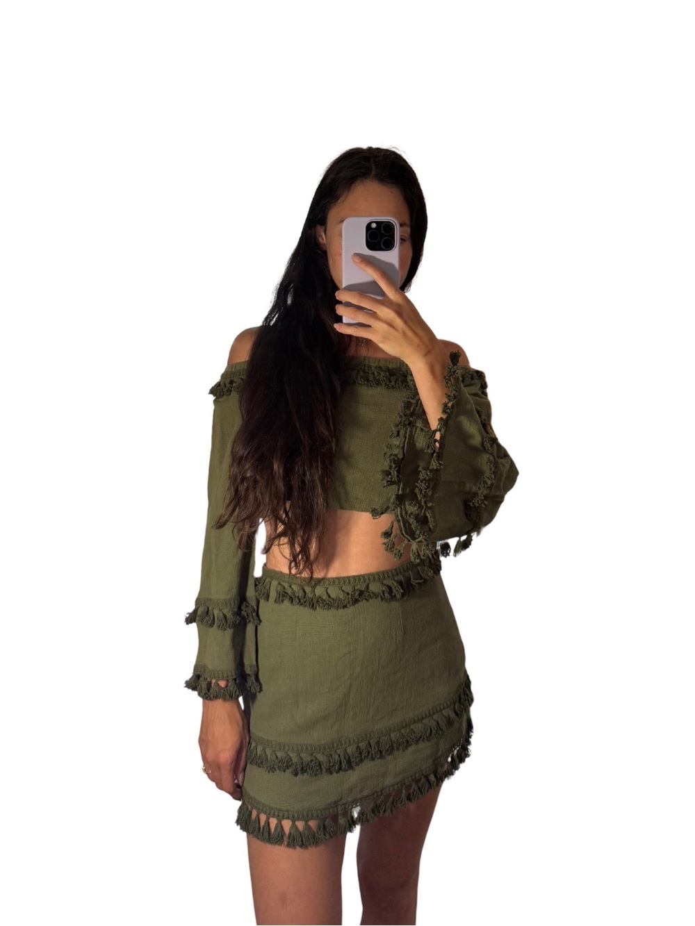 Matching Set Olive Green Fringe Mini Skirt and Top S